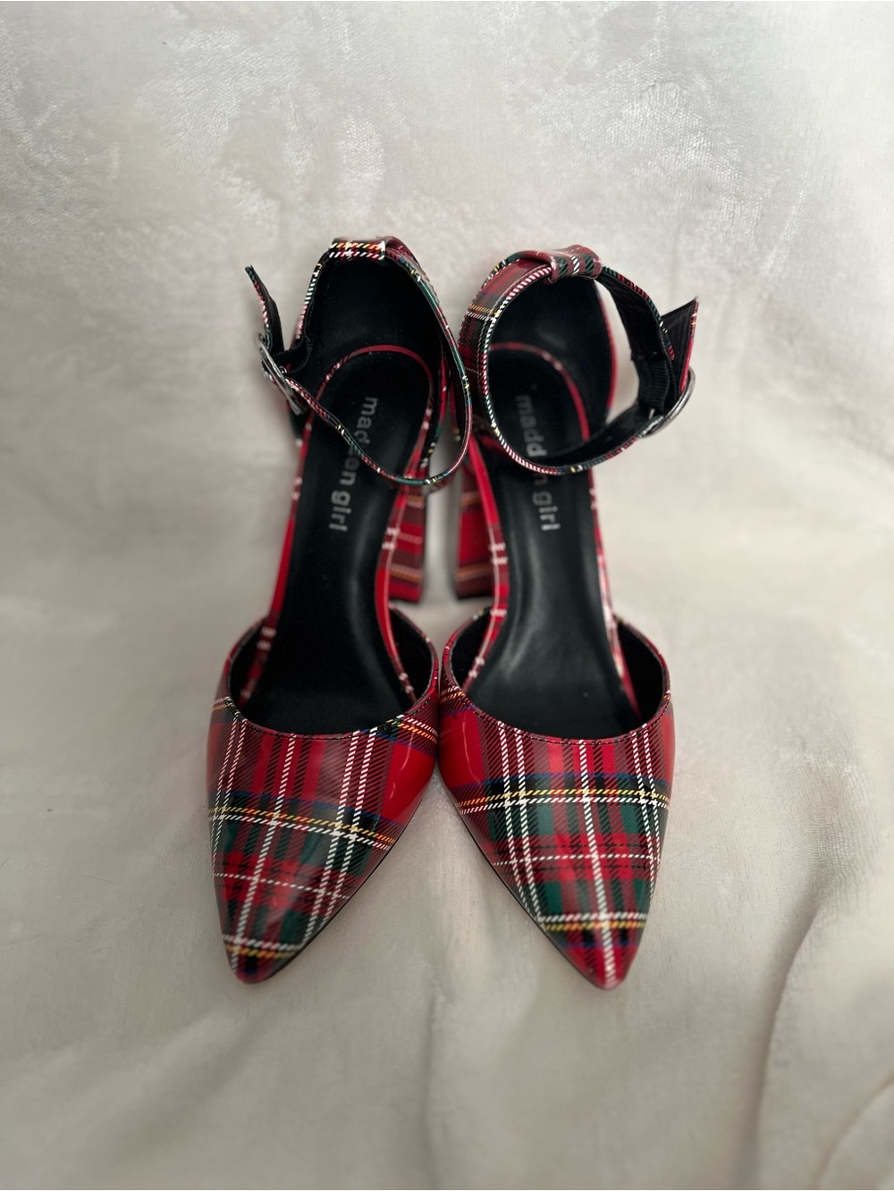 Madden Girl Red Plaid Pointed Ankle-Strap Block Heel Pumps - Picture 3 of 4